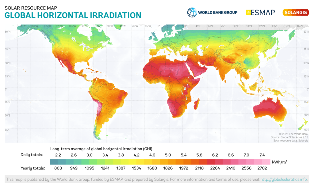 Der Sonnengürtel der Welt bietet riesige Flächen für den Aufbau von PV gestützten eMethanol Anlagen an. Bild: Weltbank